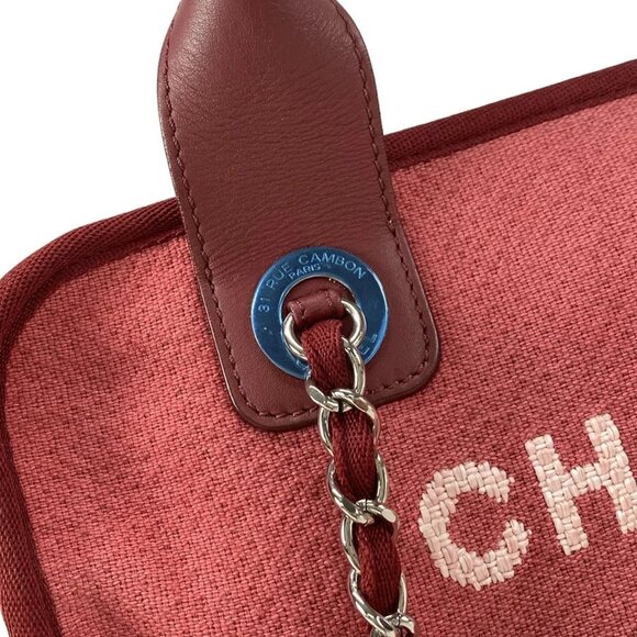 Auth CHANEL Deauville Bowling Bag - Bordeaux Canvas Raffia Grossgrain Calf Skin - Picture 11 of 16